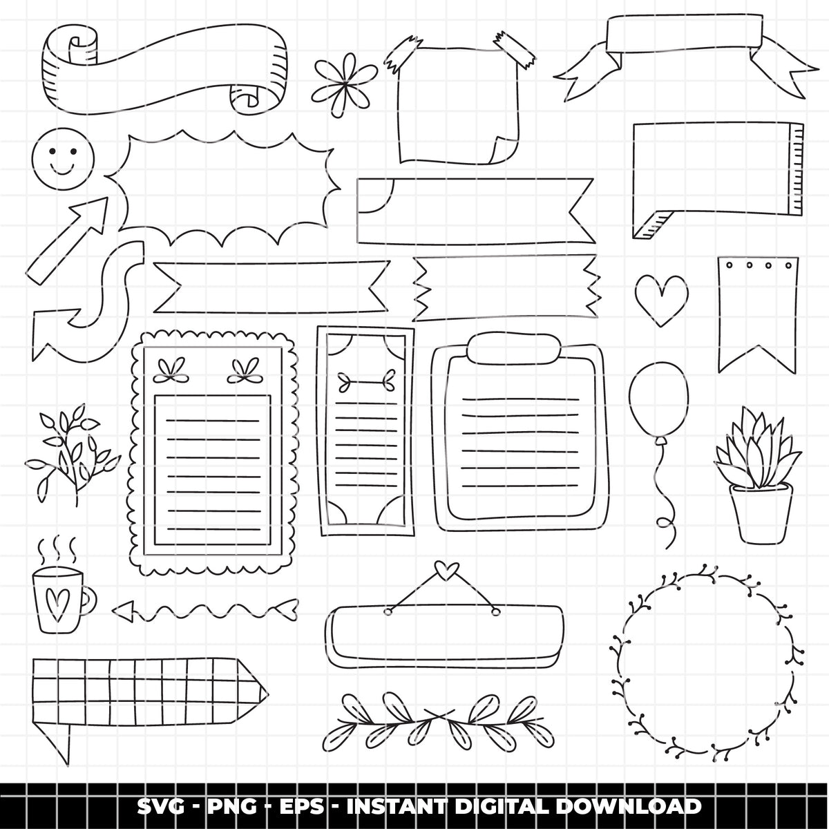 COD6319 - Planner Notes SVG Bundle PNG EPS, 114 Doodle Line Art Clipart, Journal Frame Banner svg, Hand Drawn Sticker