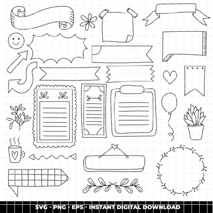 COD6319 - Planner Notes SVG Bundle PNG EPS, 114 Doodle Line Art Clipart, Journal Frame Banner svg, Hand Drawn Sticker