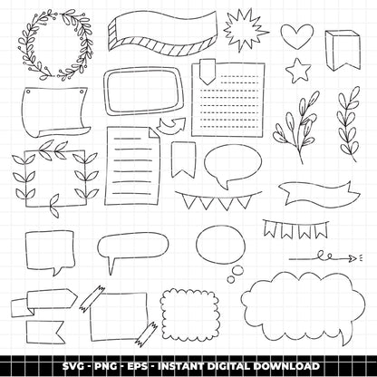 COD6319 - Planner Notes SVG Bundle PNG EPS, 114 Doodle Line Art Clipart, Journal Frame Banner svg, Hand Drawn Sticker