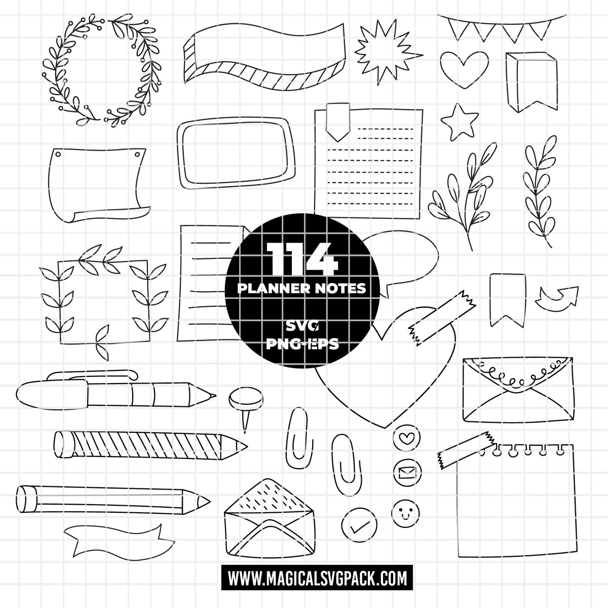 COD6319 - Planner Notes SVG Bundle PNG EPS, 114 Doodle Line Art Clipart, Journal Frame Banner svg, Hand Drawn Sticker