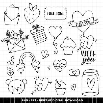 COD6320 - Love SVG Bundle PNG EPS, 128 Valentine Line Art Clipart, Heart Frame Wreath svg, True Love Quote, Wedding