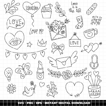COD6320 - Love SVG Bundle PNG EPS, 128 Valentine Line Art Clipart, Heart Frame Wreath svg, True Love Quote, Wedding