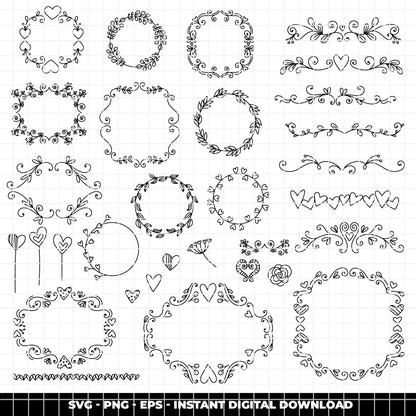 COD6320 - Love SVG Bundle PNG EPS, 128 Valentine Line Art Clipart, Heart Frame Wreath svg, True Love Quote, Wedding