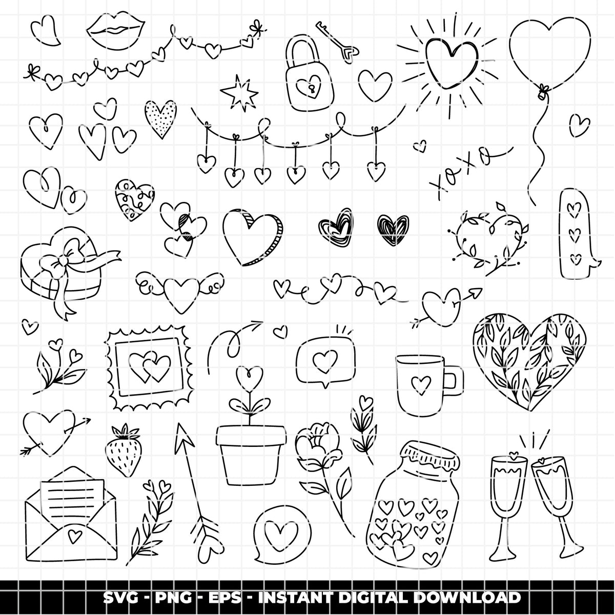 COD6320 - Love SVG Bundle PNG EPS, 128 Valentine Line Art Clipart, Heart Frame Wreath svg, True Love Quote, Wedding