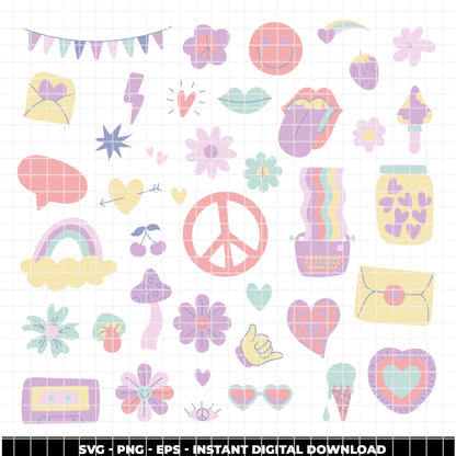 COD6321 - Groovy SVG Bundle PNG EPS, 272 Retro 70s Clipart, Peace Sign Flower Power svg, Hippie Rainbow