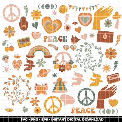 COD6321 - Groovy SVG Bundle PNG EPS, 272 Retro 70s Clipart, Peace Sign Flower Power svg, Hippie Rainbow