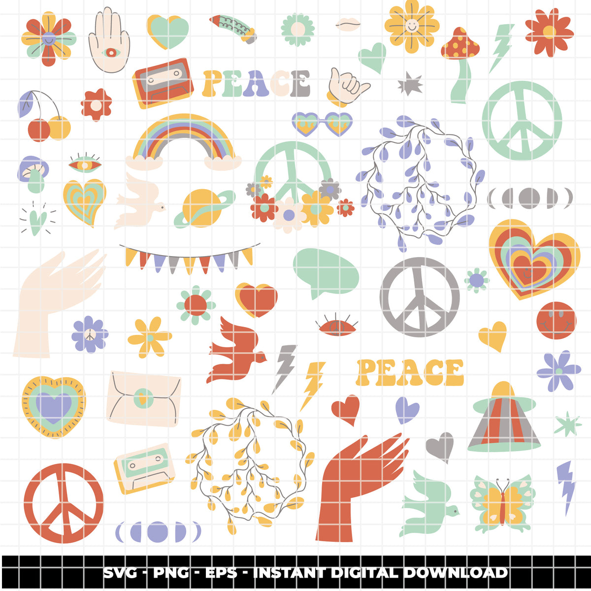 COD6321 - Groovy SVG Bundle PNG EPS, 272 Retro 70s Clipart, Peace Sign Flower Power svg, Hippie Rainbow