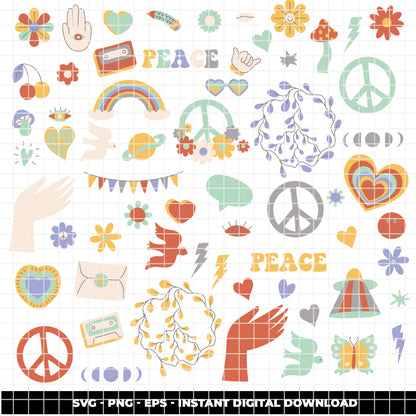 COD6321 - Groovy SVG Bundle PNG EPS, 272 Retro 70s Clipart, Peace Sign Flower Power svg, Hippie Rainbow