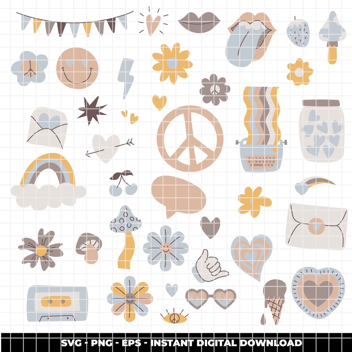 COD6321 - Groovy SVG Bundle PNG EPS, 272 Retro 70s Clipart, Peace Sign Flower Power svg, Hippie Rainbow
