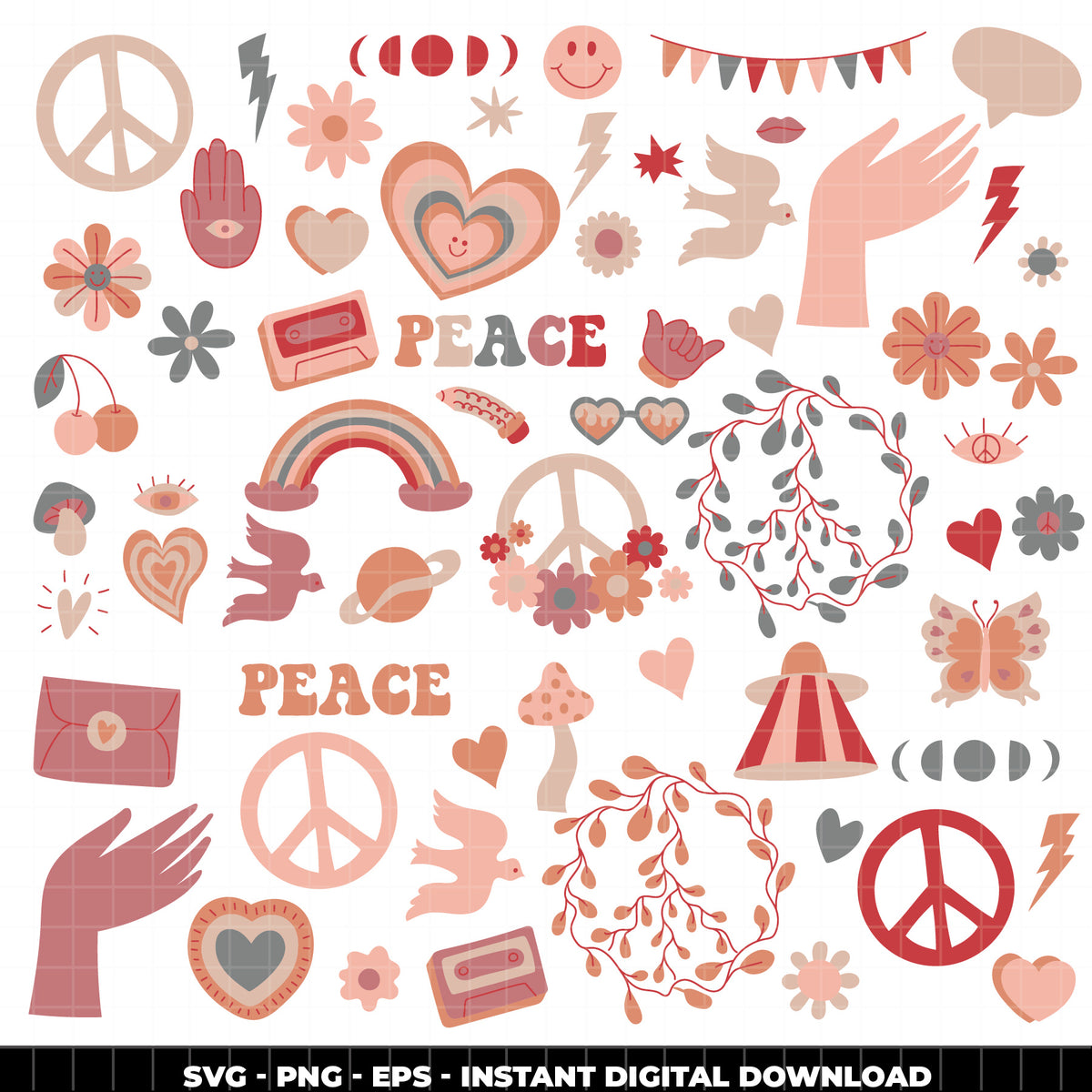 COD6321 - Groovy SVG Bundle PNG EPS, 272 Retro 70s Clipart, Peace Sign Flower Power svg, Hippie Rainbow