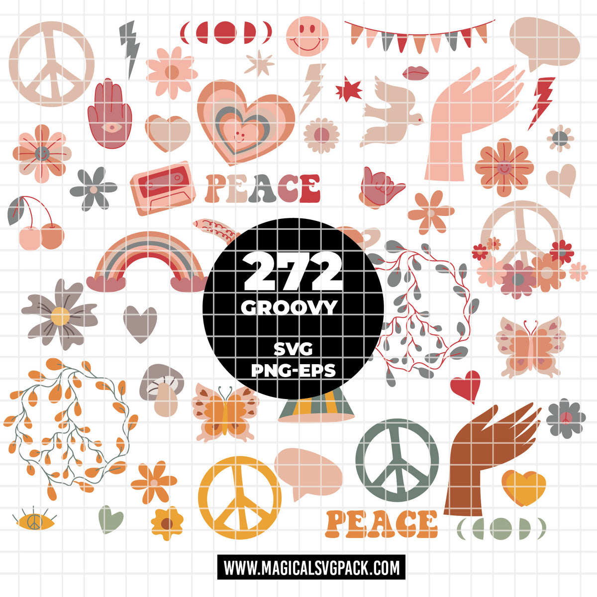 COD6321 - Groovy SVG Bundle PNG EPS, 272 Retro 70s Clipart, Peace Sign Flower Power svg, Hippie Rainbow