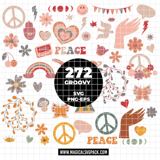 COD6321 - Groovy SVG Bundle PNG EPS, 272 Retro 70s Clipart, Peace Sign Flower Power svg, Hippie Rainbow