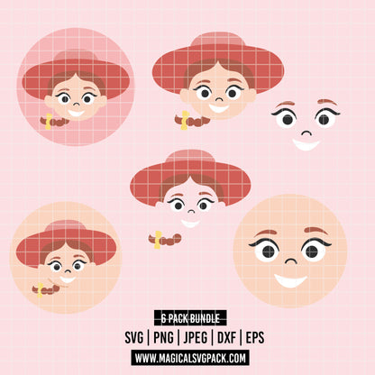COD6553 - Jessie The Cowgirl face silhouettes pack bundle, Disney clipart Svg, Png, Eps, Dxf, Jpeg, vector.