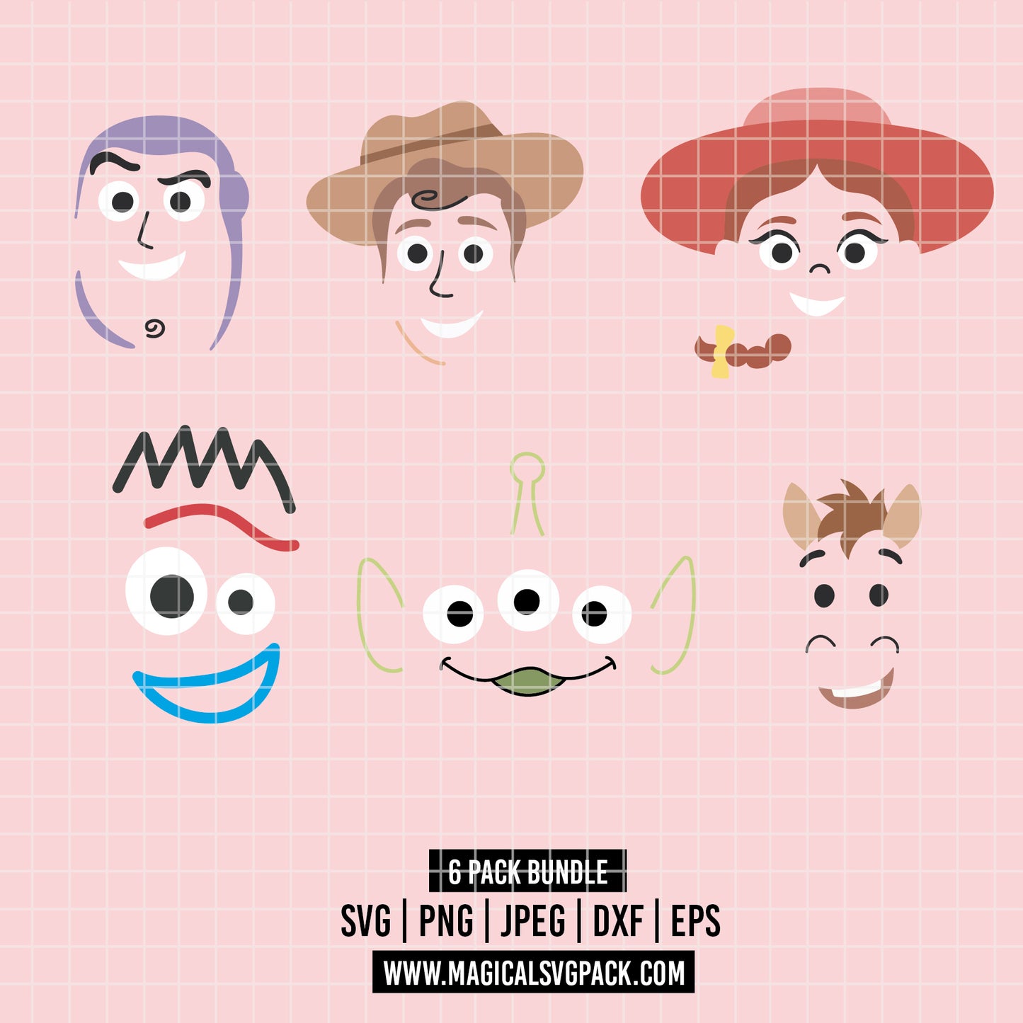 COD6555 - Toy Story face silhouettes pack bundle cartoon mode, Disney clipart Svg, Png, Eps, Dxf, Jpeg, vector.