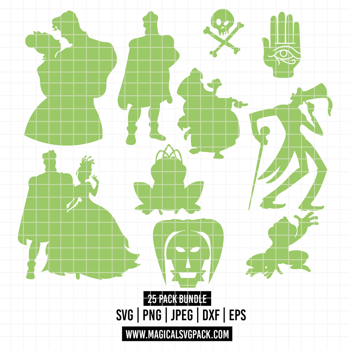 COD7013 - The princess and the frog silhouettes bundle, Disney princess clipart Svg, Png, Eps, Dxf, Jpeg, vector.