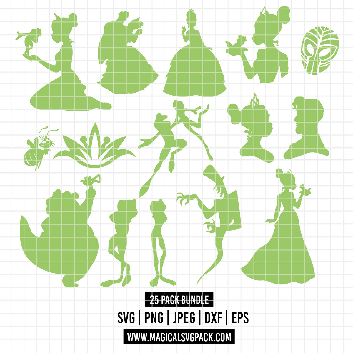 COD7013 - The princess and the frog silhouettes bundle, Disney princess clipart Svg, Png, Eps, Dxf, Jpeg, vector.