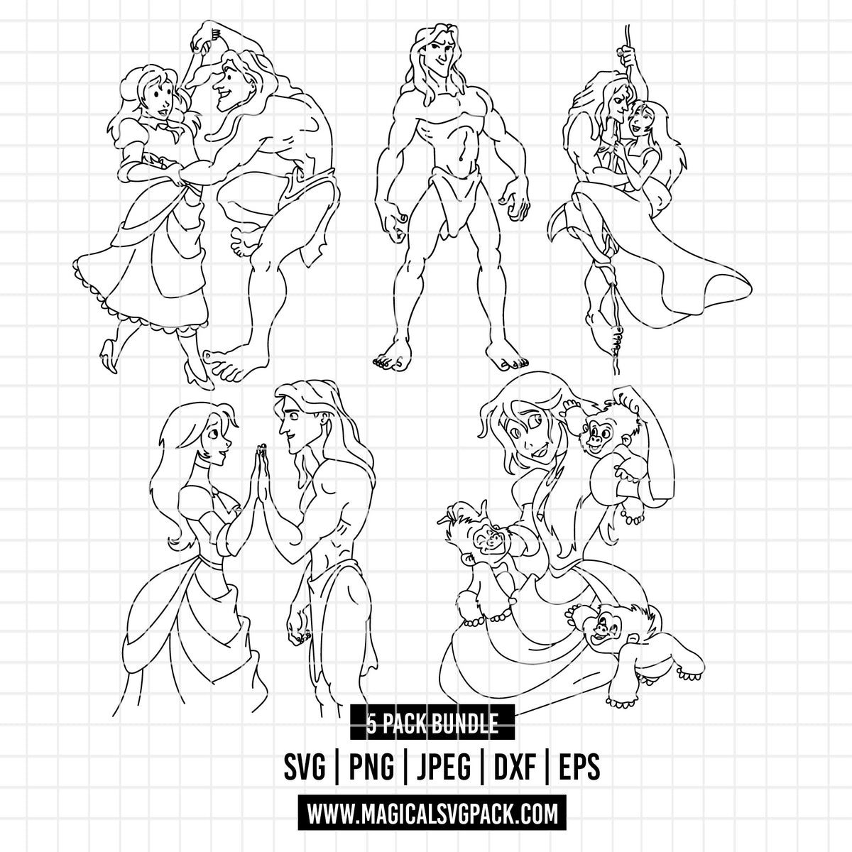 COD7022 - Tarzan & Jane bundle line art, Disney clipart Svg, Png, Eps, Dxf, Jpeg, vector.