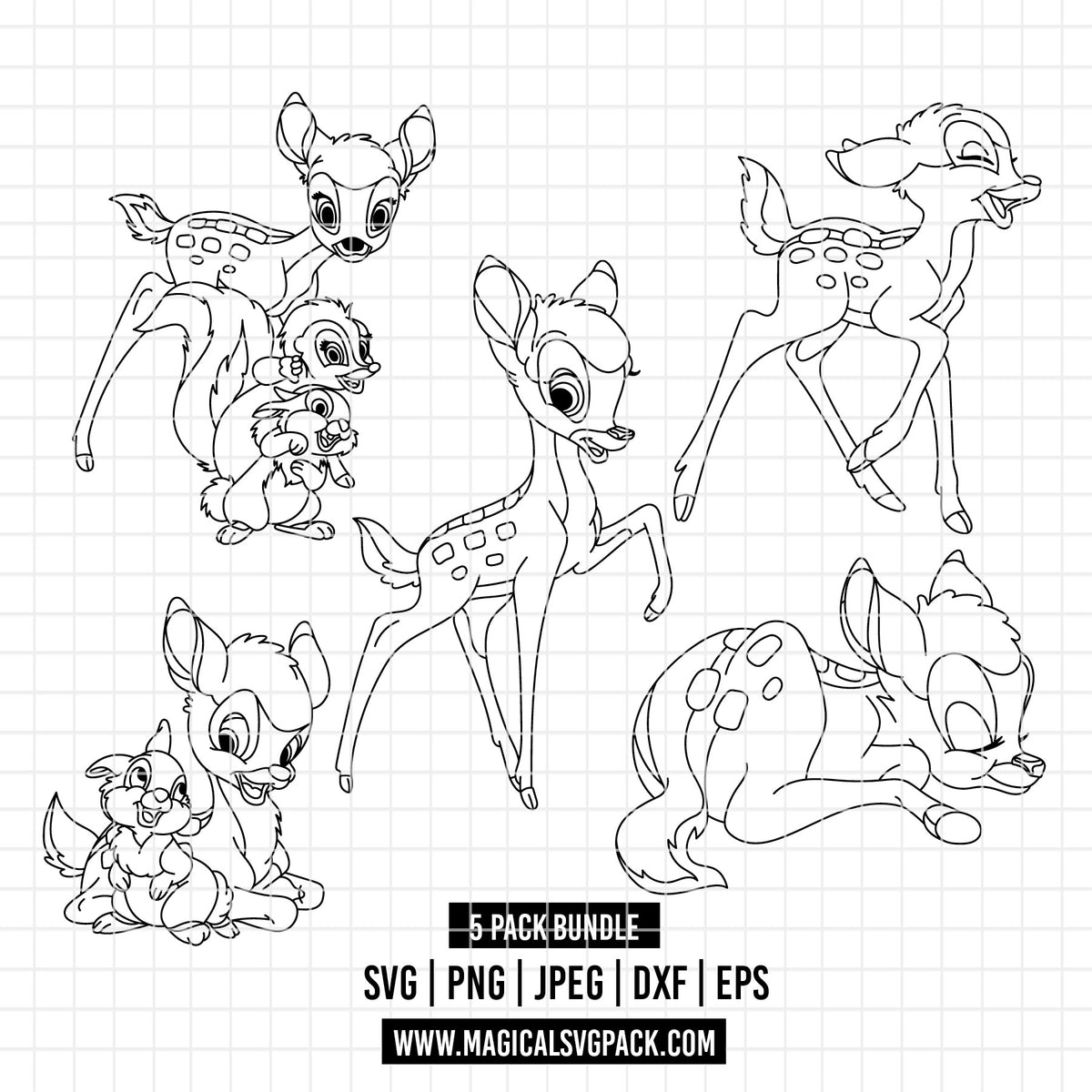 COD7029 - Bambi bundle line art, Disney clipart Svg, Png, Eps, Dxf, Jpeg, vector.