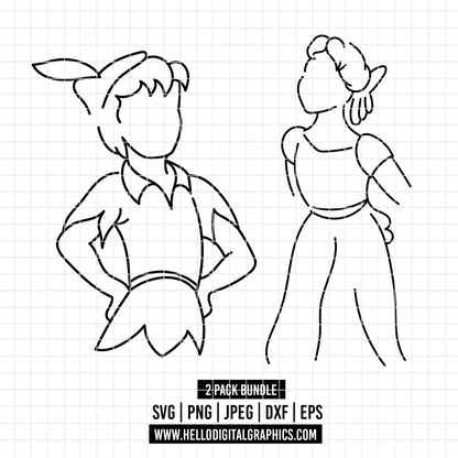 COD7033 - Peter pan & Wendy bundle outline, Disney clipart Svg, Png, Eps, Dxf, Jpeg, vector.