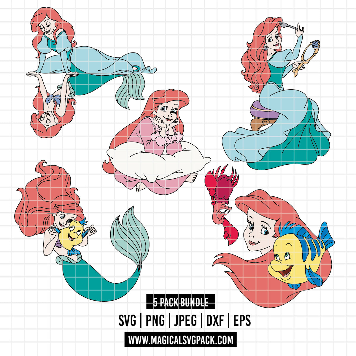 COD7133 - The Little mermaid & Founder bundle, Disney Princess Ariel Svg, Png, Eps, Dxf, Jpeg, vector.
