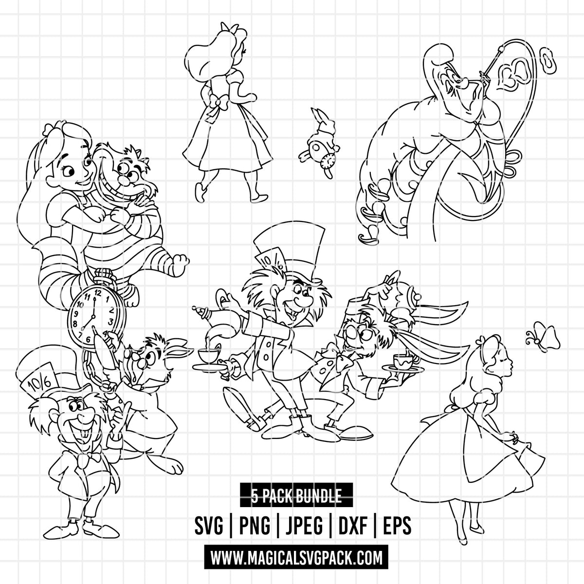 COD7153 - Alice in wonderland bundle line art, Disney clipart Svg, Png, Eps, Dxf, Jpeg, vector.