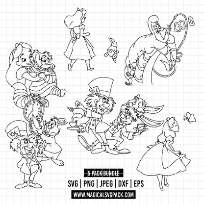 COD7153 - Alice in wonderland bundle line art, Disney clipart Svg, Png, Eps, Dxf, Jpeg, vector.