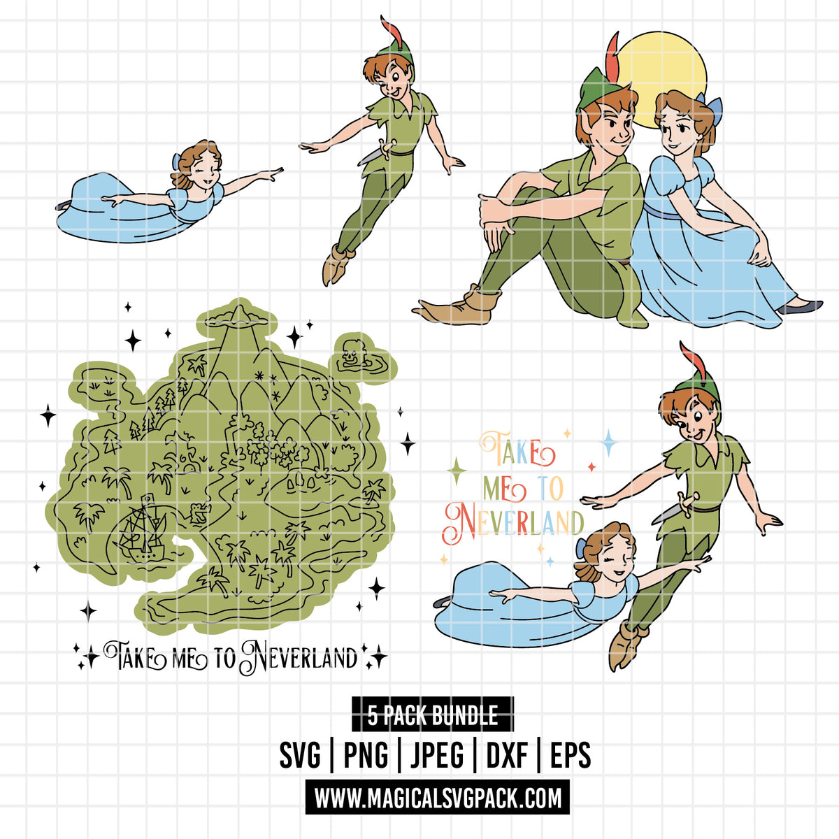 COD7159 - Peter pan & Wendy bundle line art, Disney clipart Svg, Png, Eps, Dxf, Jpeg, vector.