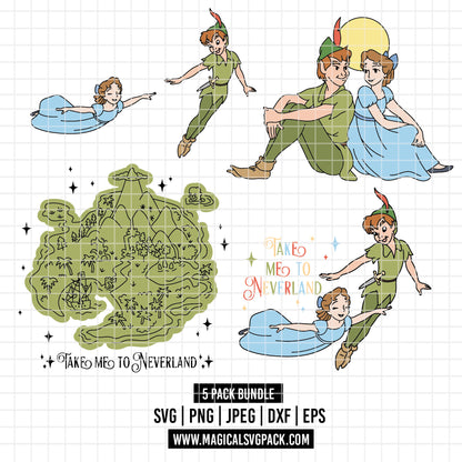COD7159 - Peter pan & Wendy bundle line art, Disney clipart Svg, Png, Eps, Dxf, Jpeg, vector.