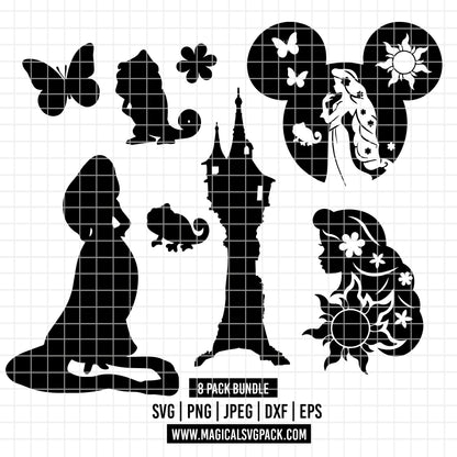 COD7205 - Tangled Silhouettes bundle, Disney princess clipart Svg, Png, Eps, Dxf, Jpeg, vector.