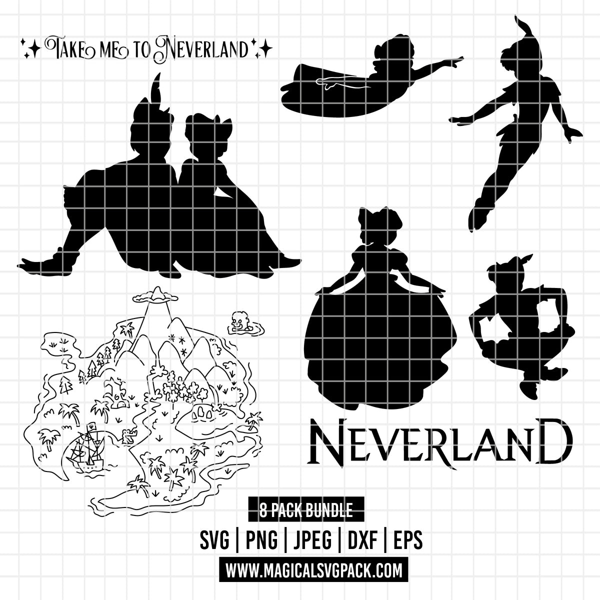 COD7206 - Peter pan & Wendy Silhouettes bundle, Disney clipart Svg, Png, Eps, Dxf, Jpeg, vector.
