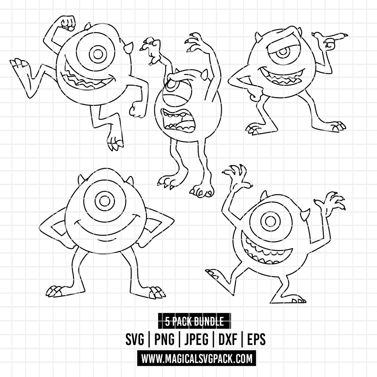 COD7220 - Mike Wasowski bundle line art, Disney clipart Svg, Png, Eps, Dxf, Jpeg, vector.