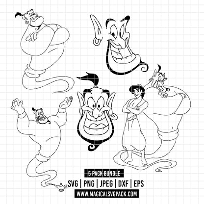 COD7221 - Genie of Aladdin bundle line art, Disney clipart Svg, Png, Eps, Dxf, Jpeg, vector.