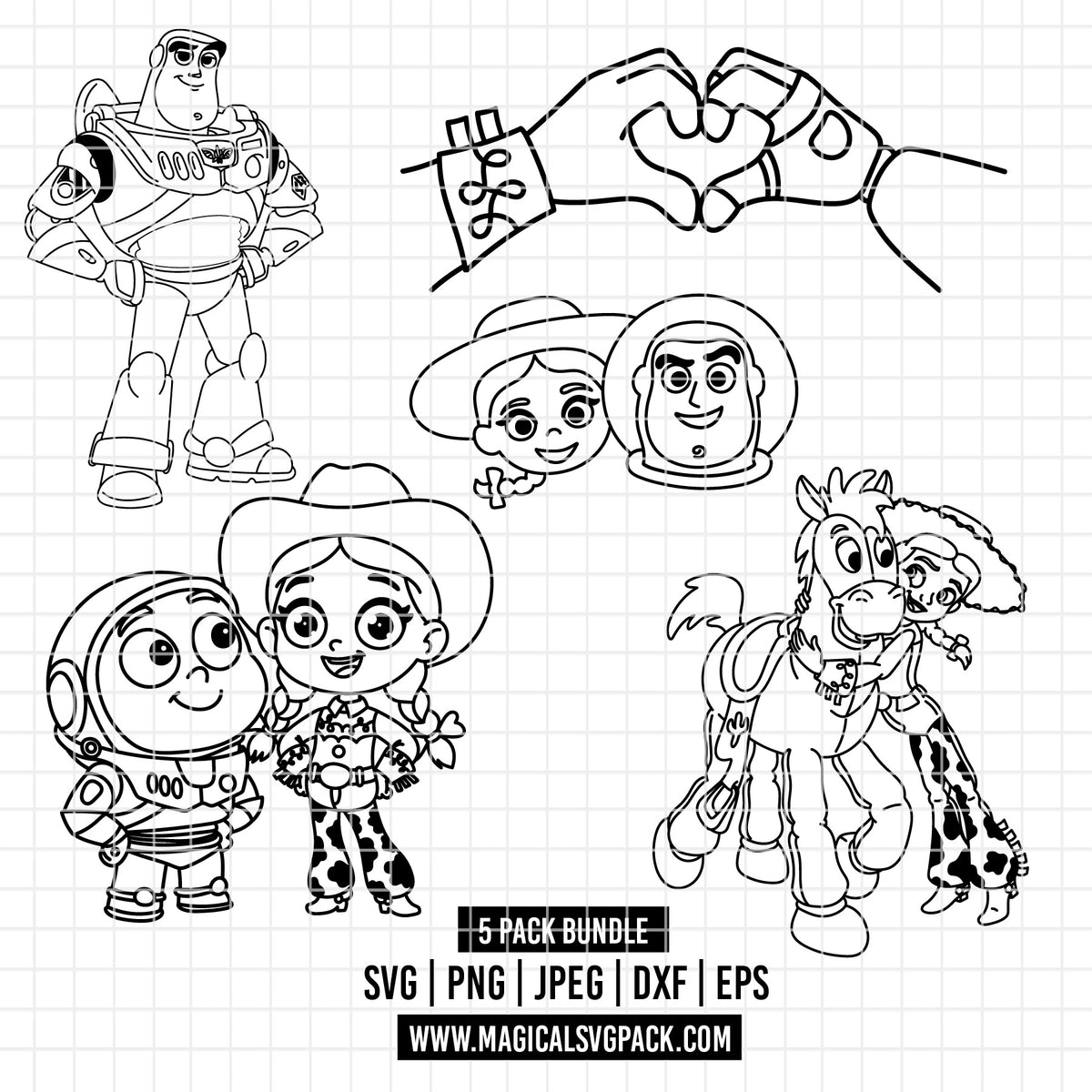 COD7225 - Buzz & Jessie's love bundle line art, Disney clipart Svg, Png, Eps, Dxf, Jpeg, vector.