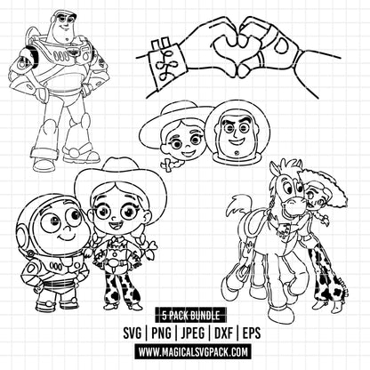 COD7225 - Buzz & Jessie's love bundle line art, Disney clipart Svg, Png, Eps, Dxf, Jpeg, vector.