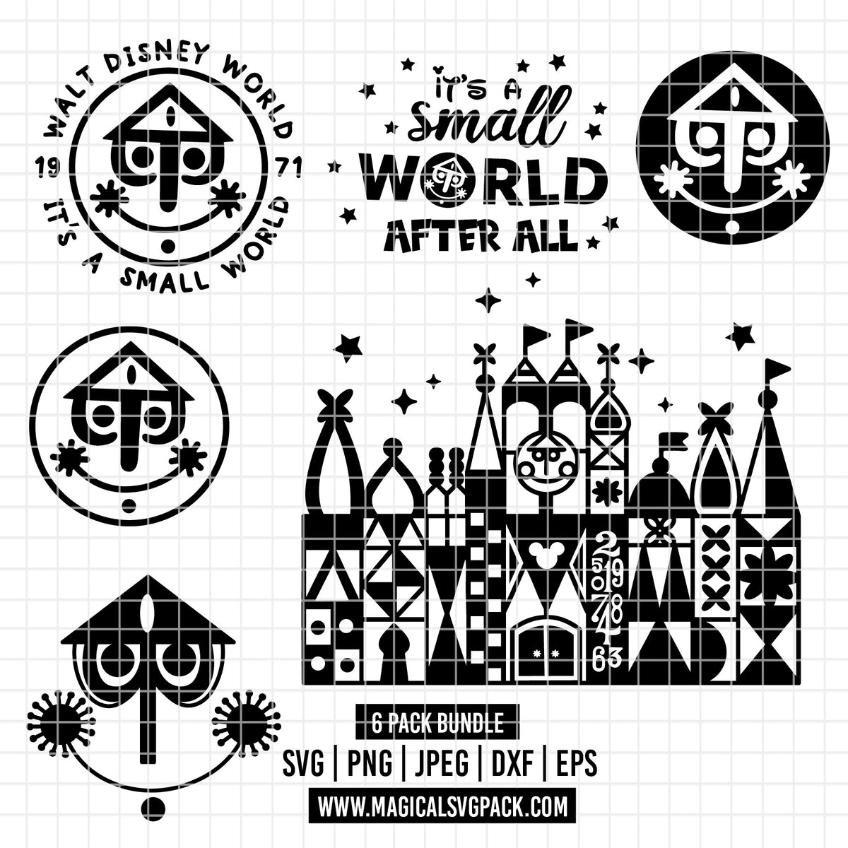 COD7293 - Disney Castle It's a Small World bundle, Disneyland clipart Svg, Png, Eps, Dxf, Jpeg, vector.