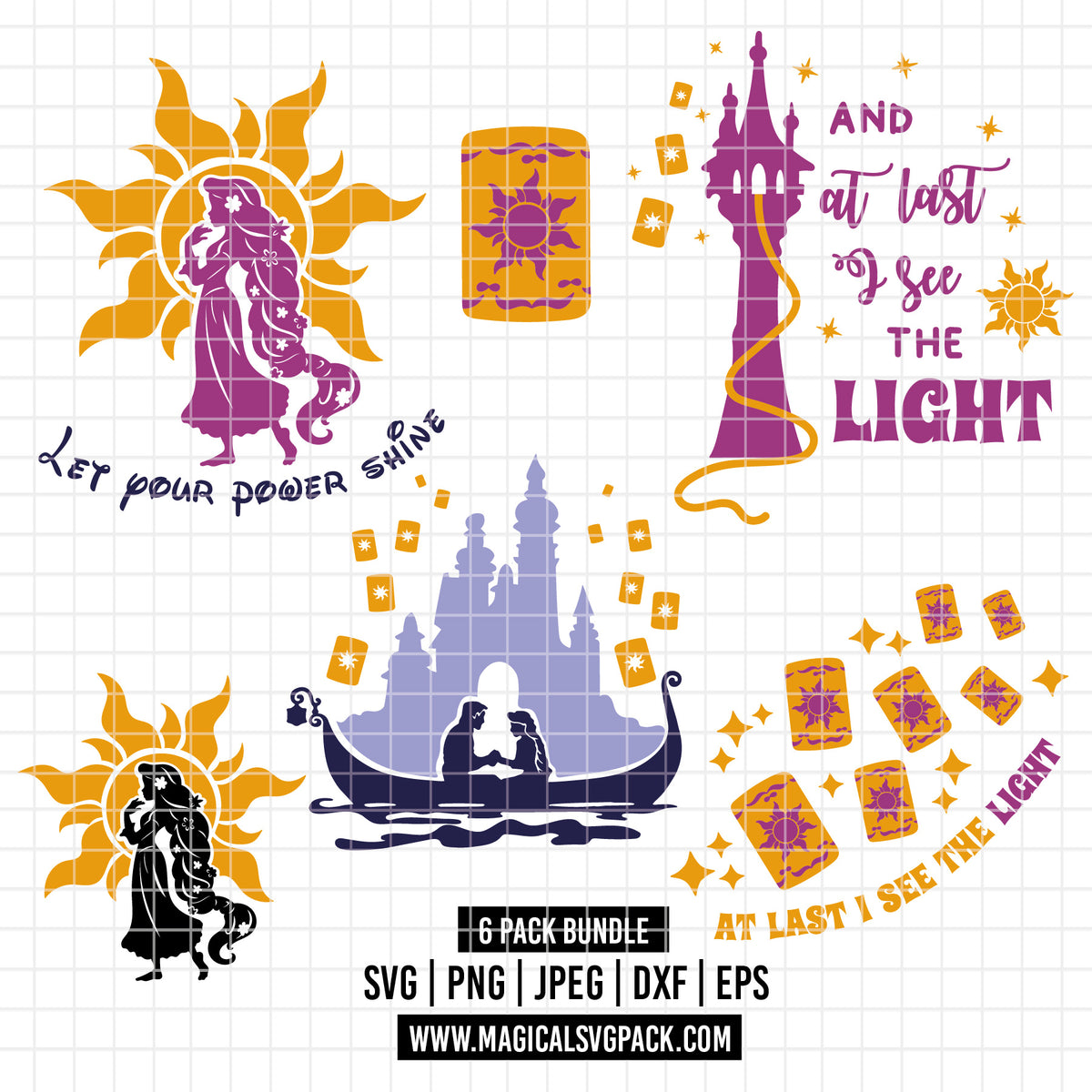 COD7301 - Tangled Silhouettes bundle, Disney princess clipart Svg, Png, Eps, Dxf, Jpeg, vector.