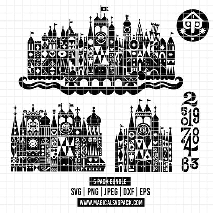 COD7304 - Disney Castle It's a Small World bundle, Disneyland clipart Svg, Png, Eps, Dxf, Jpeg, vector.