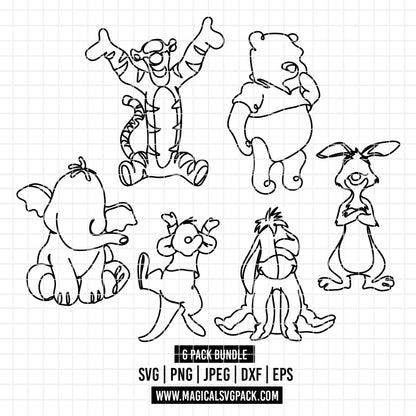 COD7307 - Winnie Pooh characters bundle doodles, Disney clipart Svg, Png, Eps, Dxf, Jpeg, vector.