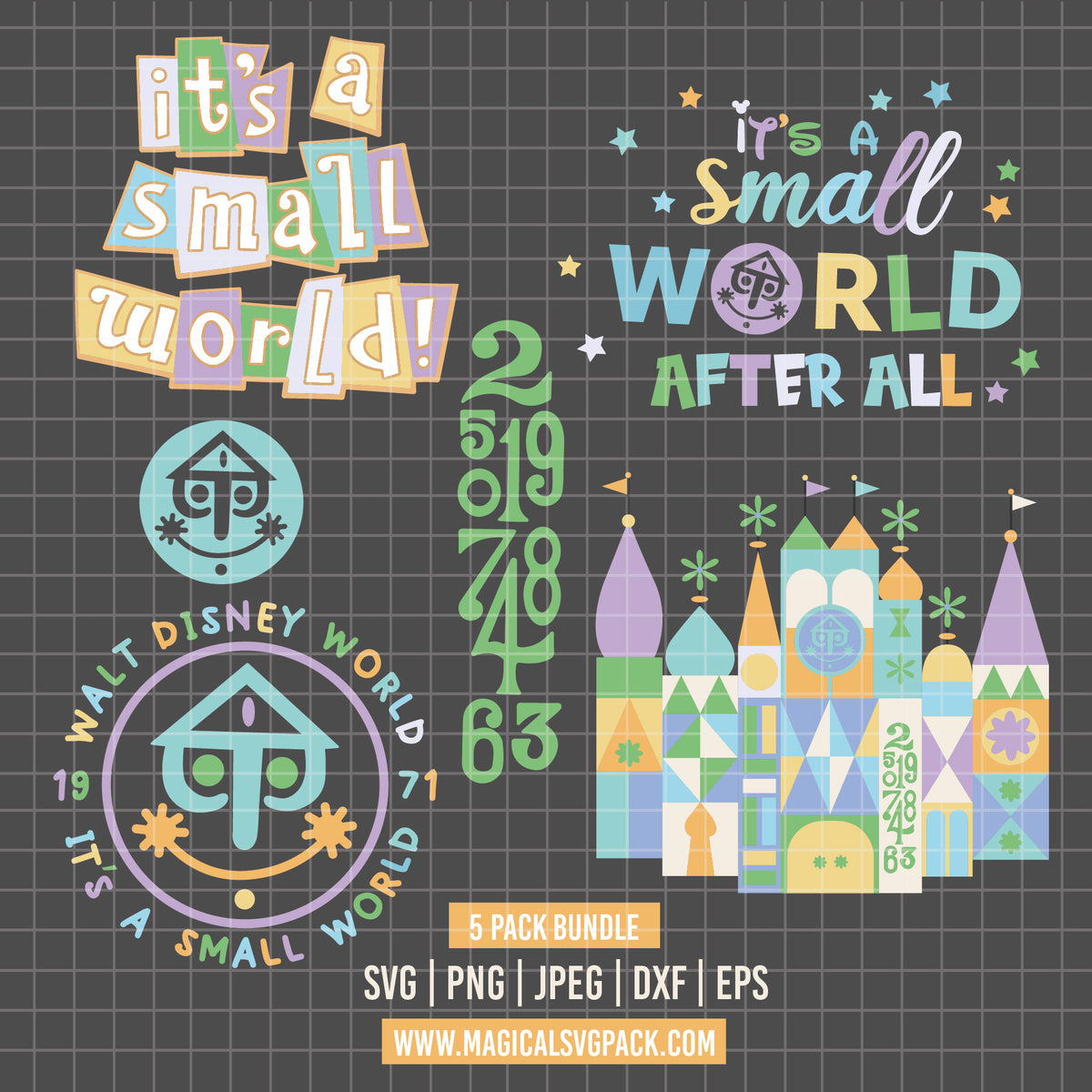 COD7311 - Disney Castle It's a Small World bundle, Disneyland clipart Svg, Png, Eps, Dxf, Jpeg, vector.
