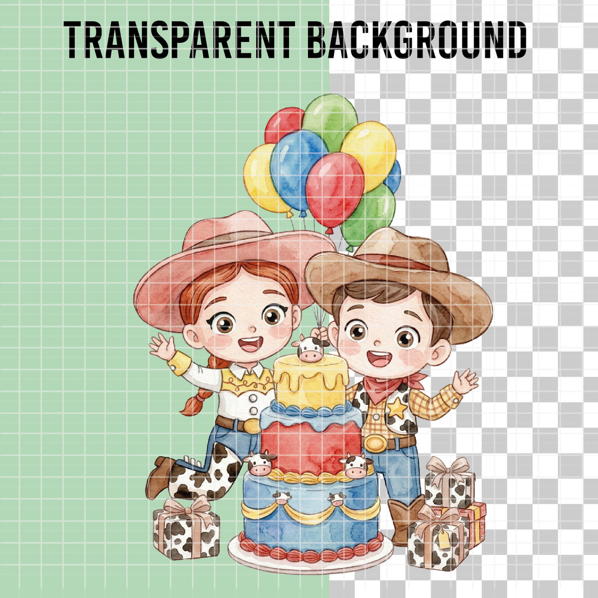 COD7320 - Littles Jessie & Woody Birthdays PNG bundle Watercolor, Disney clipart.