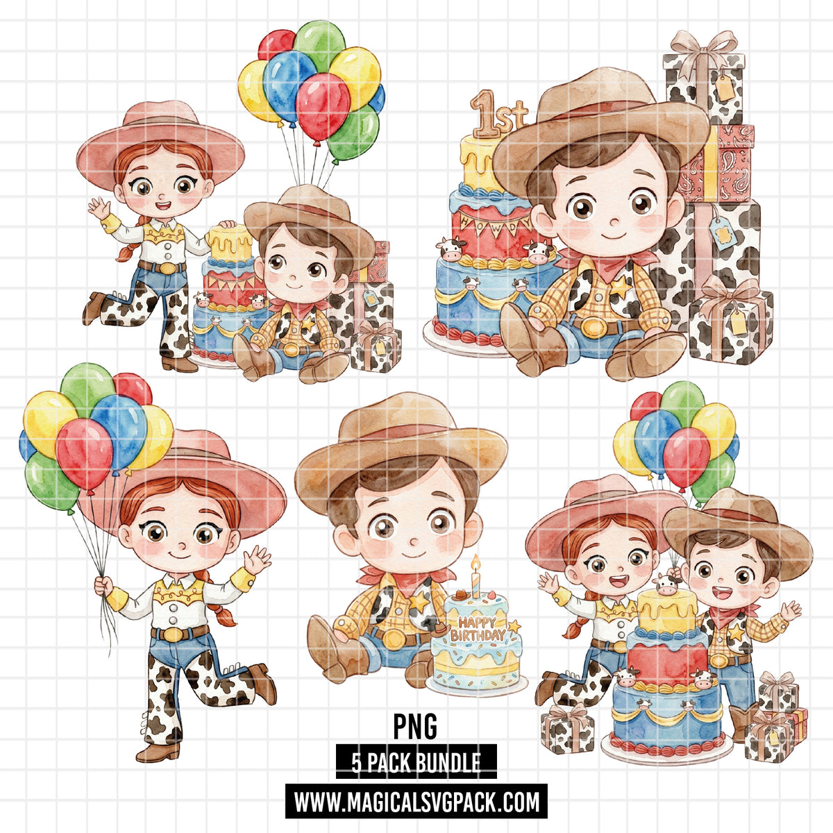 COD7320 - Littles Jessie & Woody Birthdays PNG bundle Watercolor, Disney clipart.