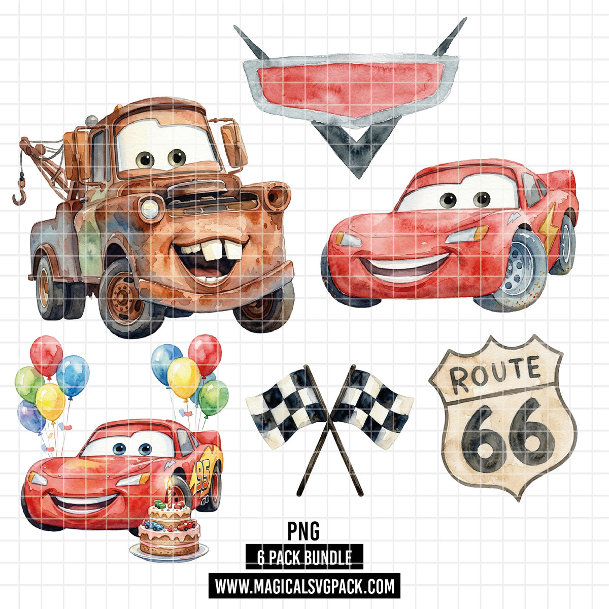 COD7324 - Cars Birthdays PNG bundle Watercolor, Disney clipart.