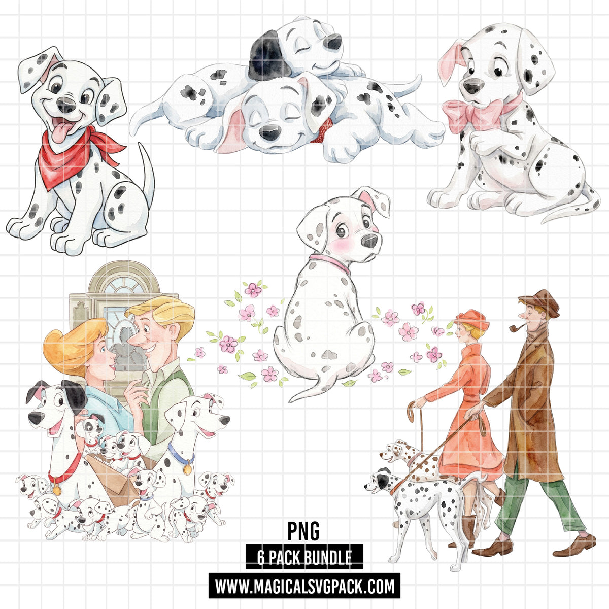 COD7338 - 101 Dalmatians PNG bundle Watercolor, Disney clipart.