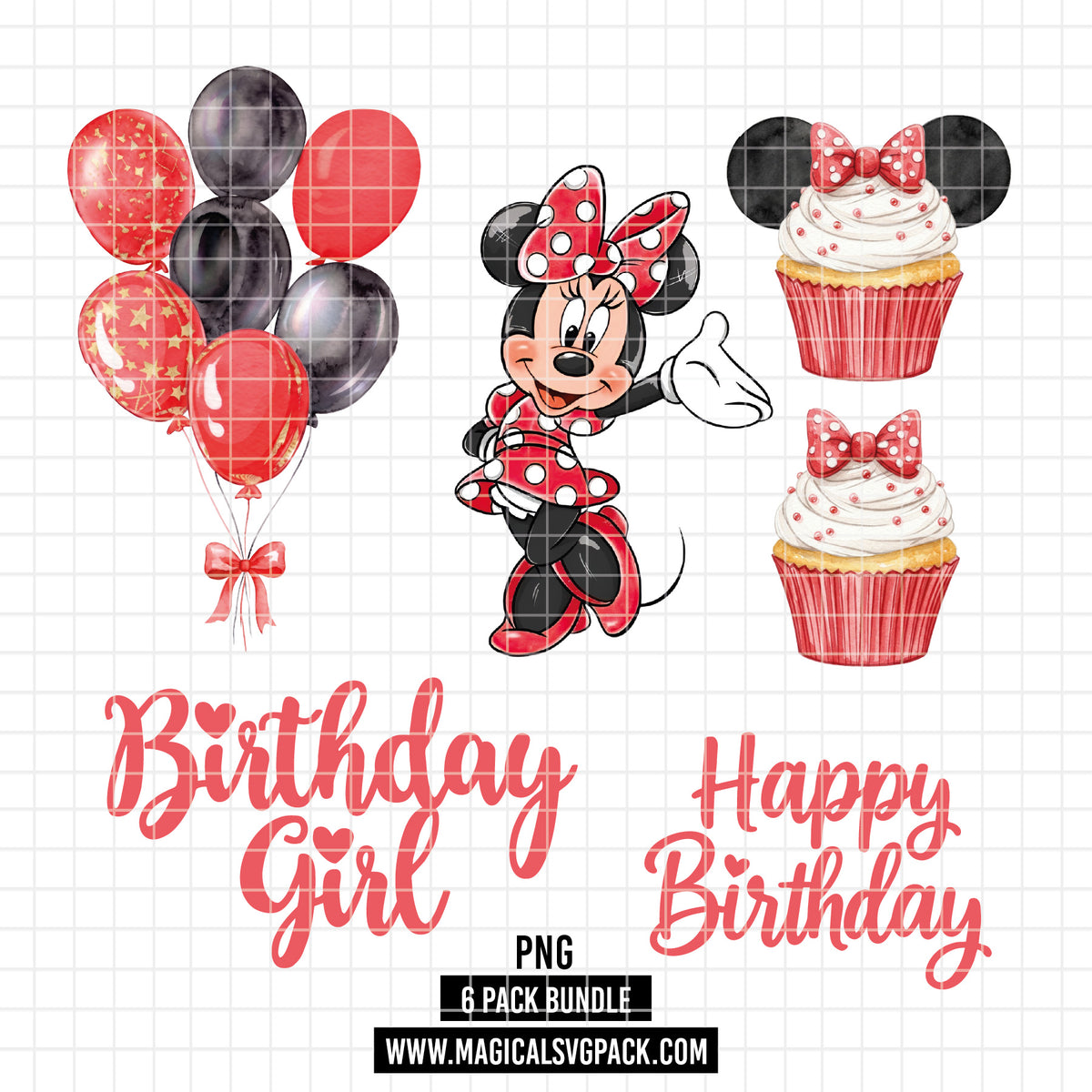COD7343 - Minnie's Birthday PNG bundle Watercolor, Disney clipart.