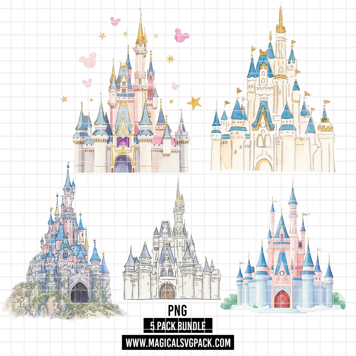 COD7344 - Disney Castle PNG bundle Watercolor, Disney clipart.