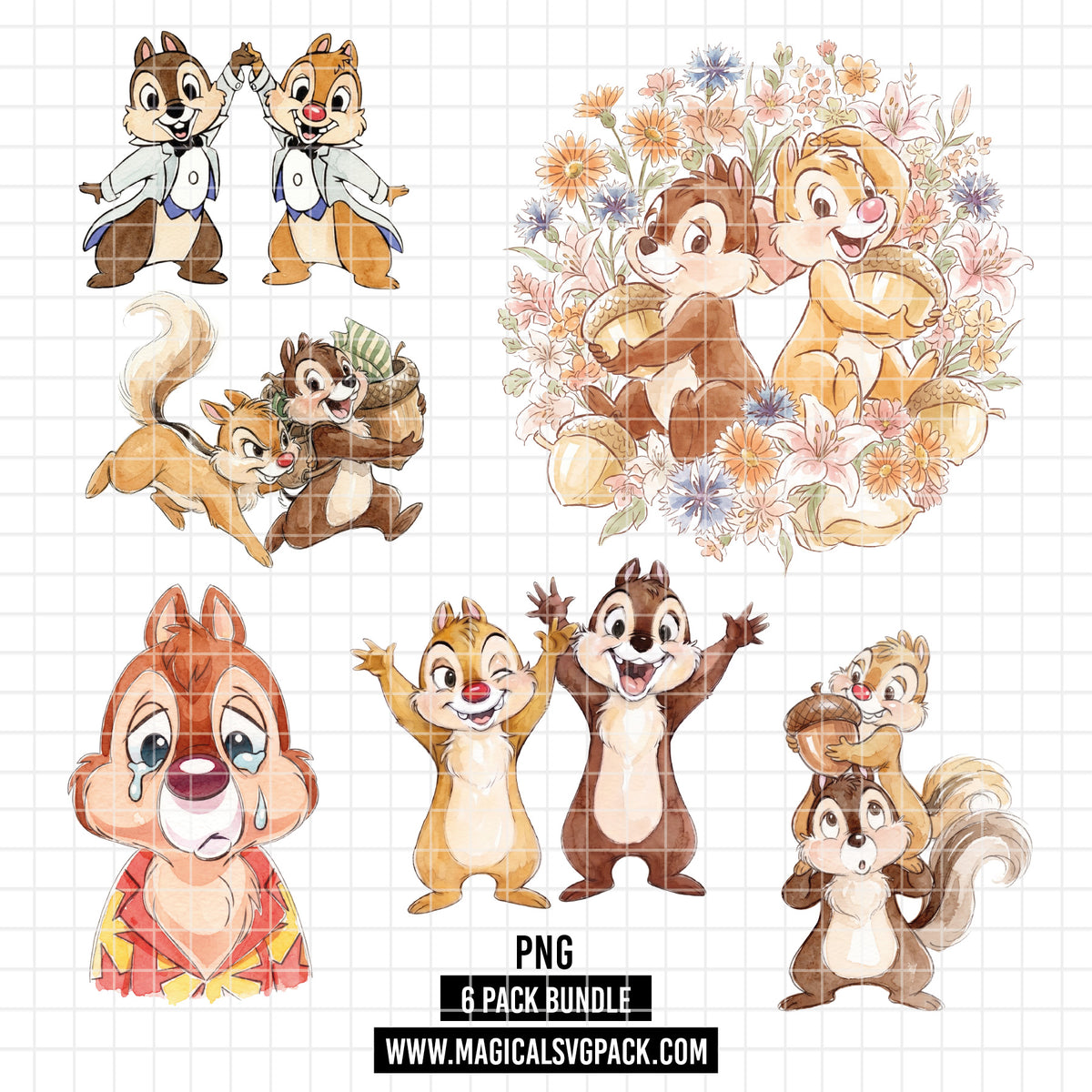 COD7346 - Chip & Dale PNG bundle Watercolor, Disney clipart.