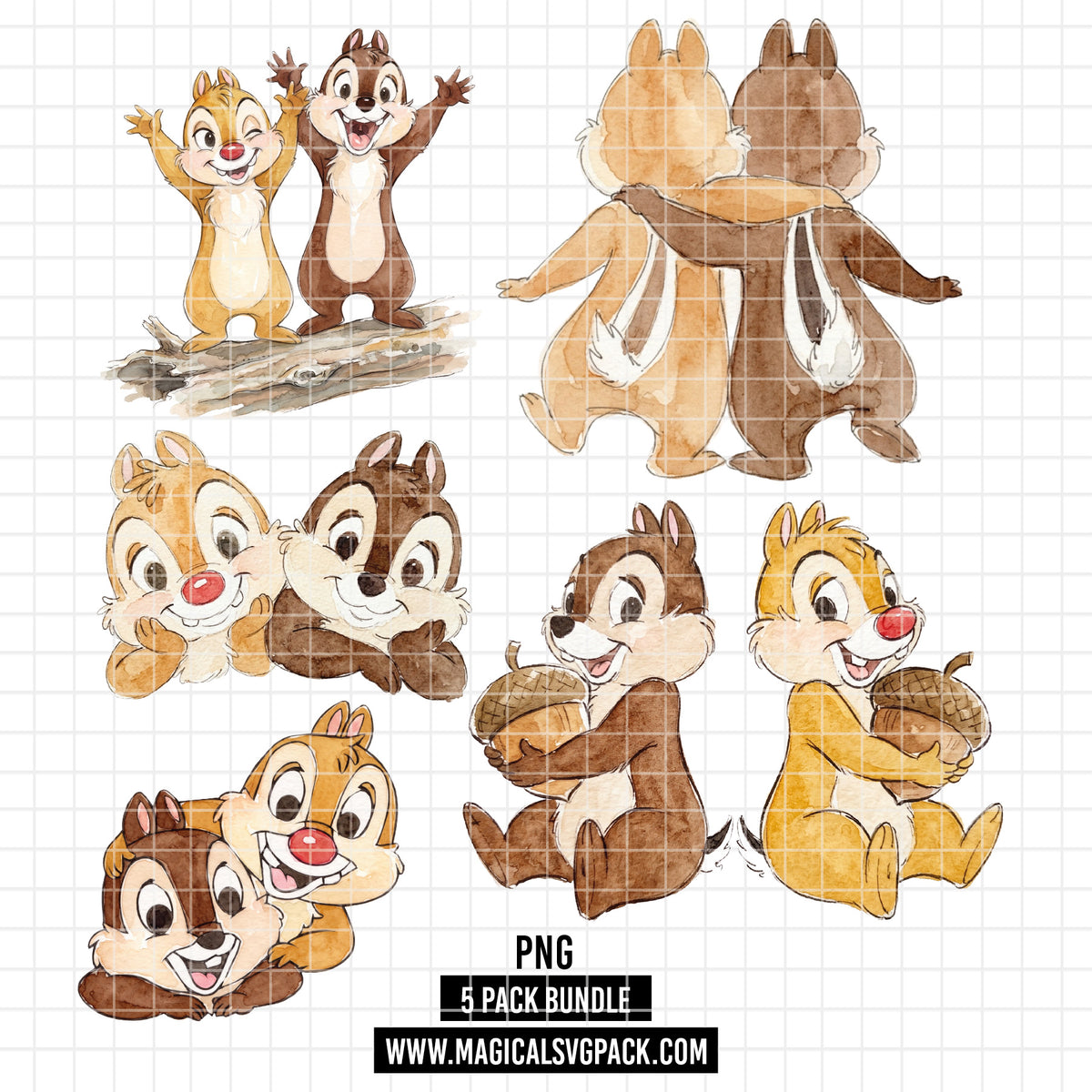 COD7347 - Chip & Dale PNG bundle Watercolor, Disney clipart.