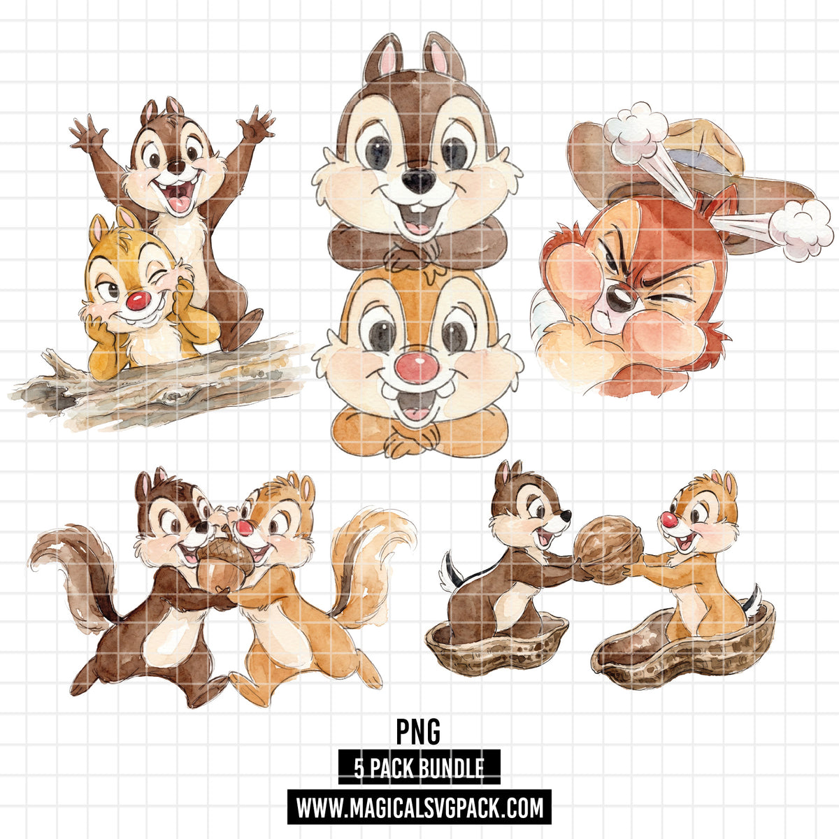COD7348 - Chip & Dale PNG bundle Watercolor, Disney clipart.