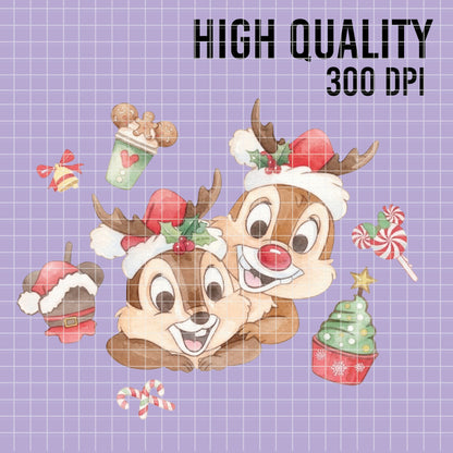 COD7350 - Chip & Dale's Christmas PNG bundle Watercolor, Disney Christmas clipart.