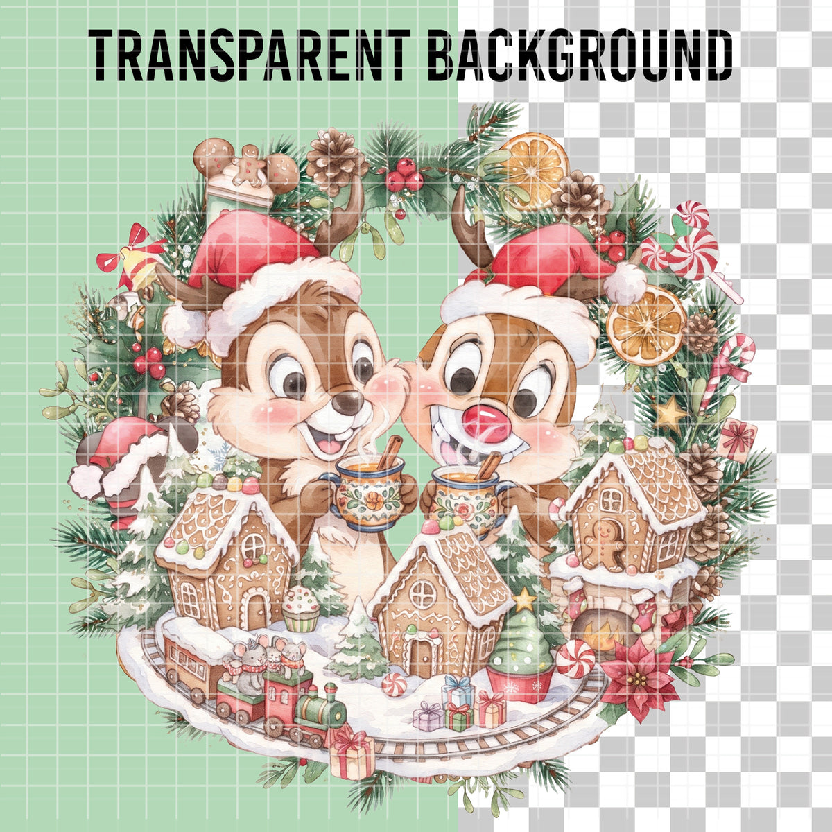 COD7350 - Chip & Dale's Christmas PNG bundle Watercolor, Disney Christmas clipart.